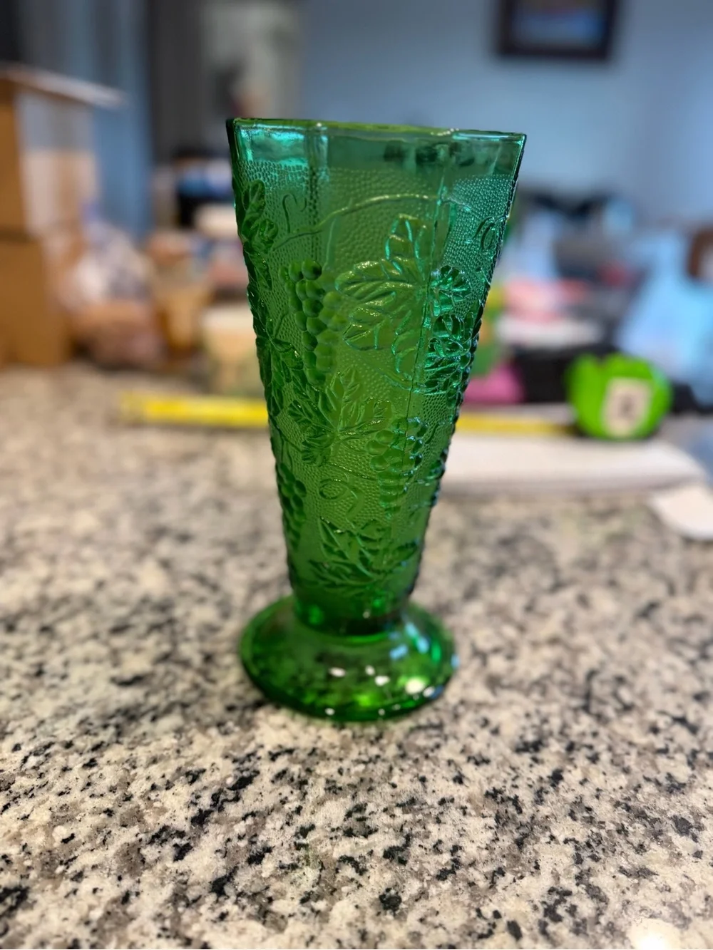 Anchor Hocking Green Pressed Glass Vase with Grape Motif